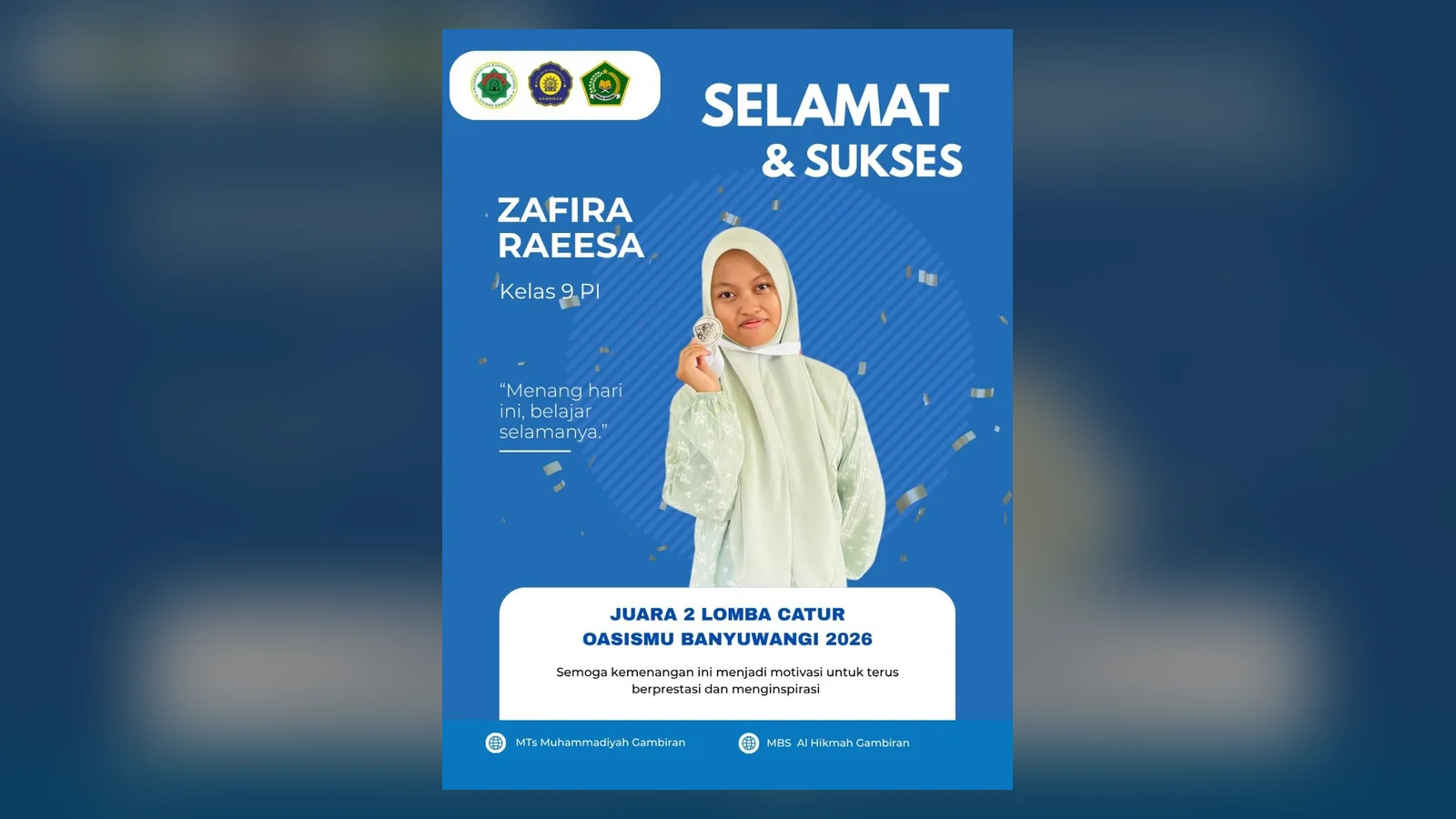 Poster ucapan selamat untuk Zafira Raeesa, juara 2 lomba catur OASISMU Banyuwangi 2026