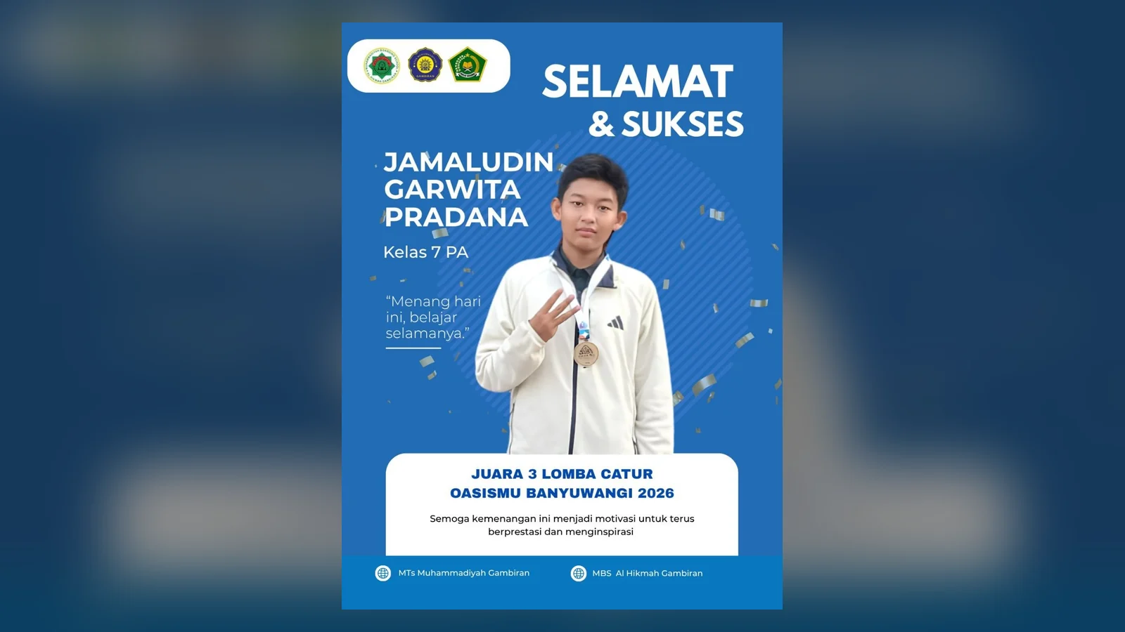 Poster ucapan selamat untuk Jamaludin Garwita Pradana, juara 3 lomba catur OASISMU Banyuwangi 2026