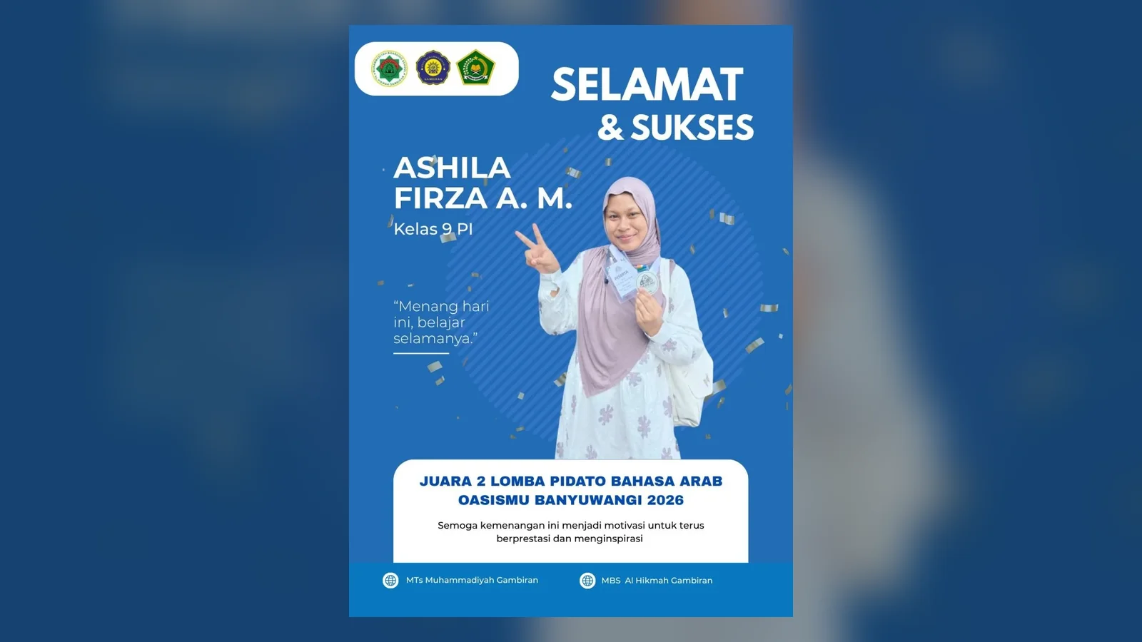 Poster ucapan selamat untuk Ashila Firza A. M., juara 2 lomba pidato bahasa Arab OASISMU Banyuwangi 2026