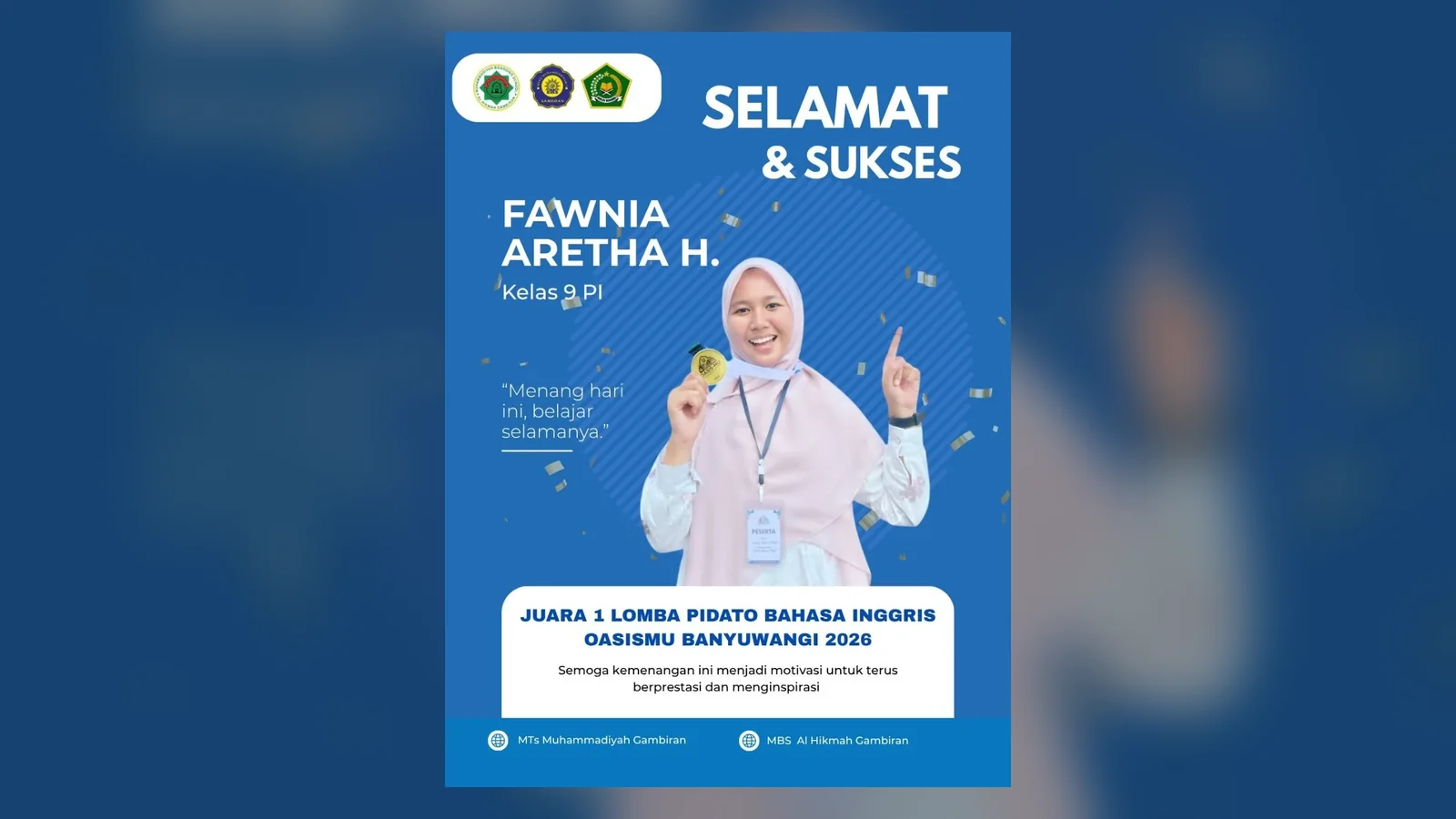 Poster ucapan selamat untuk Fawnia Aretha H., juara 1 lomba pidato bahasa Inggris OASISMU Banyuwangi 2026