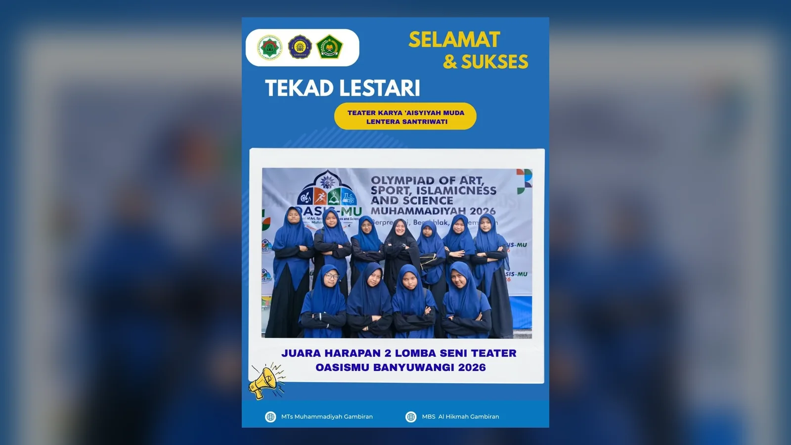 Poster ucapan selamat untuk tim Tekad Lestari, juara harapan 2 lomba seni teater OASISMU Banyuwangi 2026